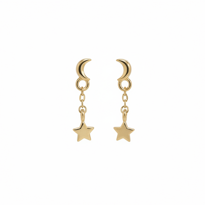 92.5 Sterling Silver Gold Plated Crescent Moon & Star Charm Drop Earrings for Women