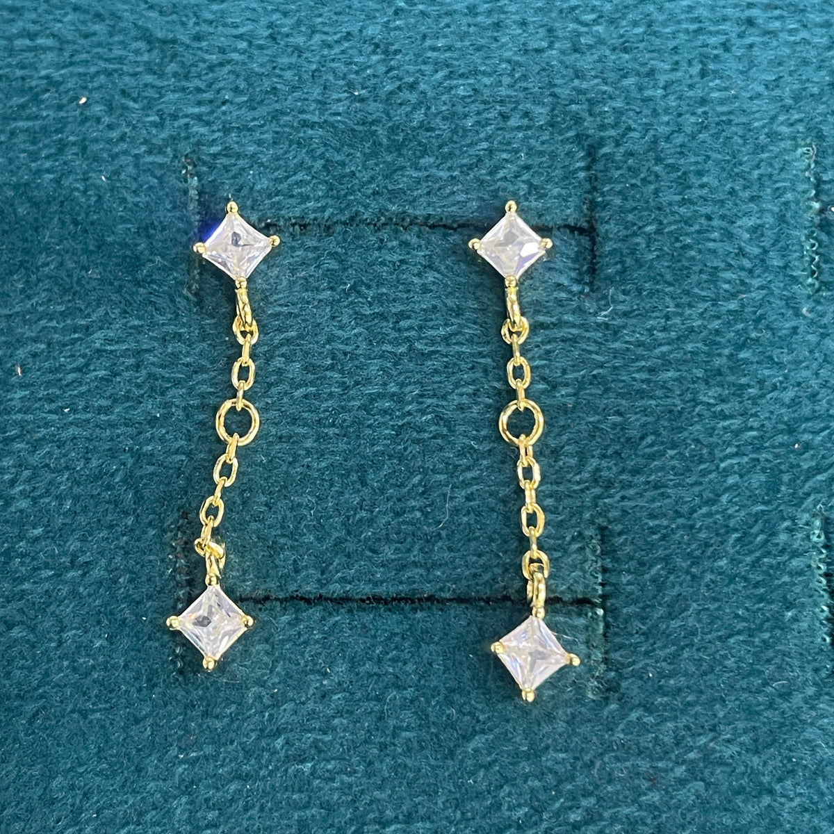 92.5 Sterling Silver Gold Plated Princess Cut White CZ Long Chain Drop Earrings for Women