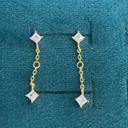 92.5 Sterling Silver Gold Plated Princess Cut White CZ Long Chain Drop Earrings for Women
