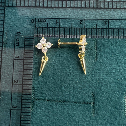 92.5 Sterling Silver Gold Plated White CZ Four-Petal Flower & Gold Spike Drop Earrings for Women