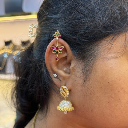 92.5 Silver Ruby Emerald Lotus Press-On Bugadi for Women | Temple Style Non-Piercing Ear Cuff | Traditional Jewellery