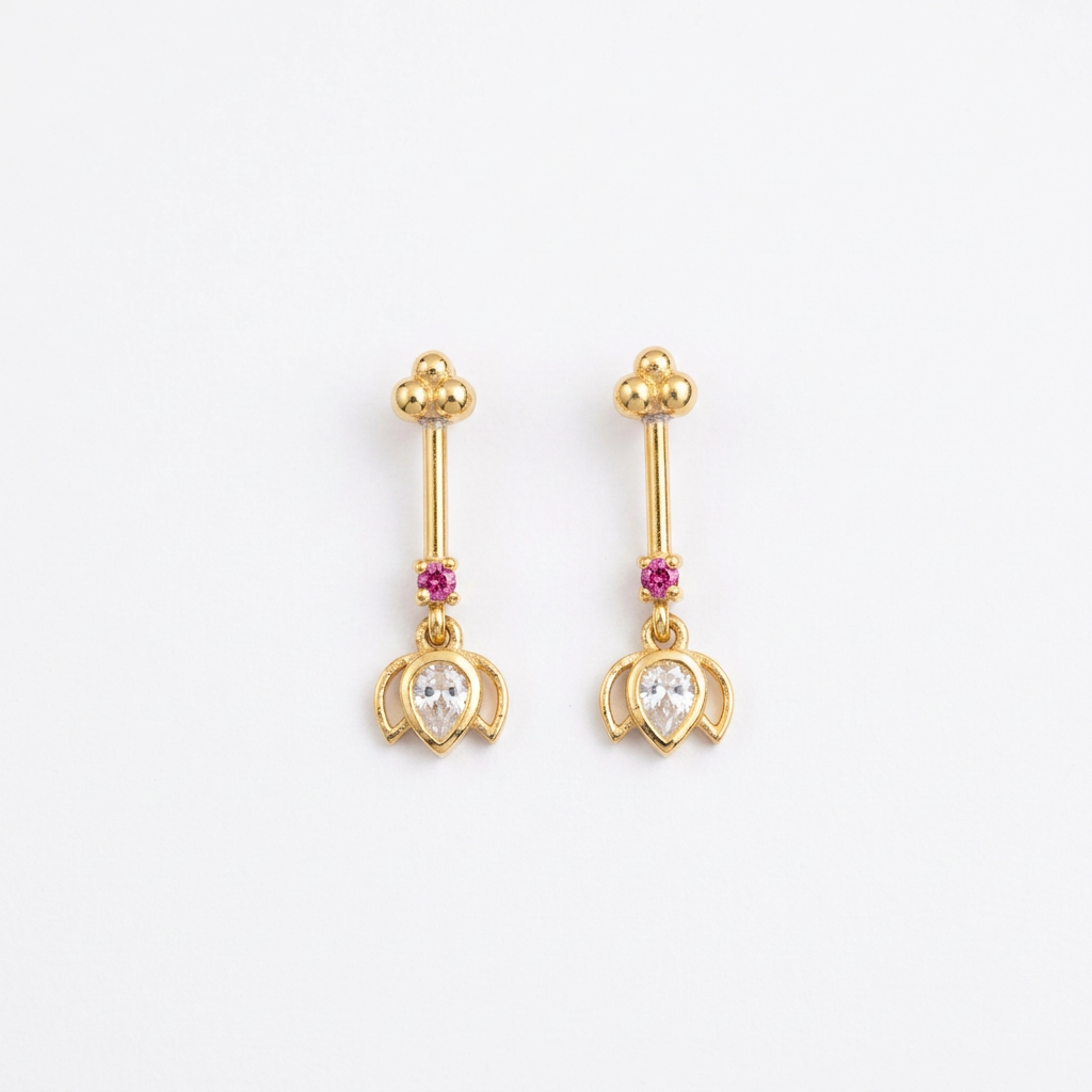 92.5 Silver Gold-Toned Pink Stone Lotus Bugadi Pair