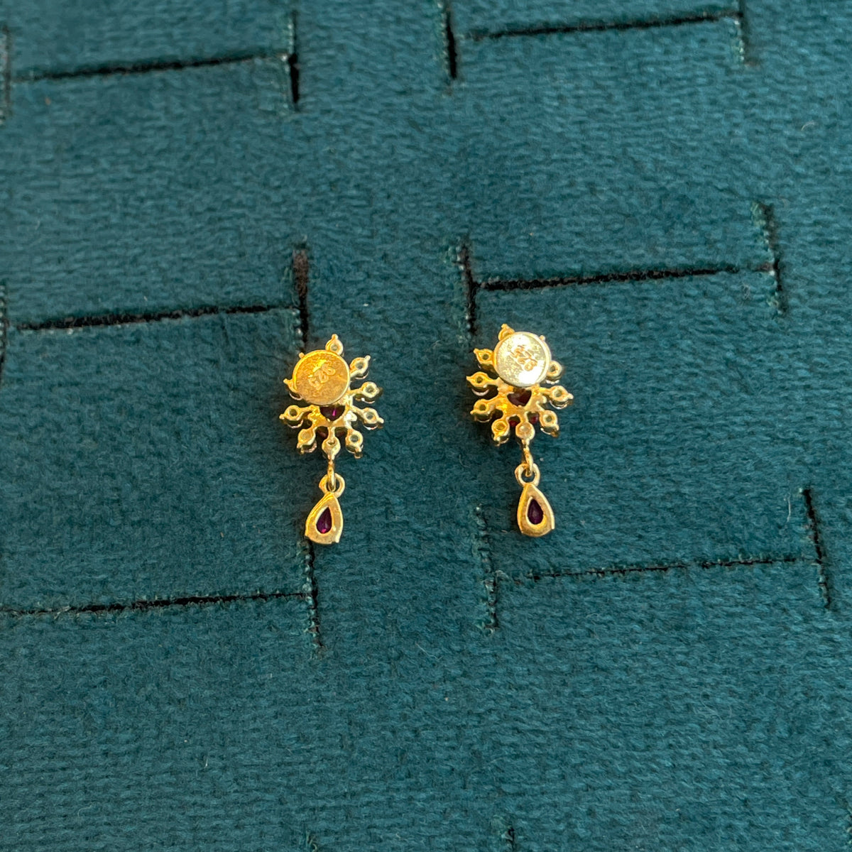 92.5 Silver Gold-Toned Pink Teardrop Earrings Pair