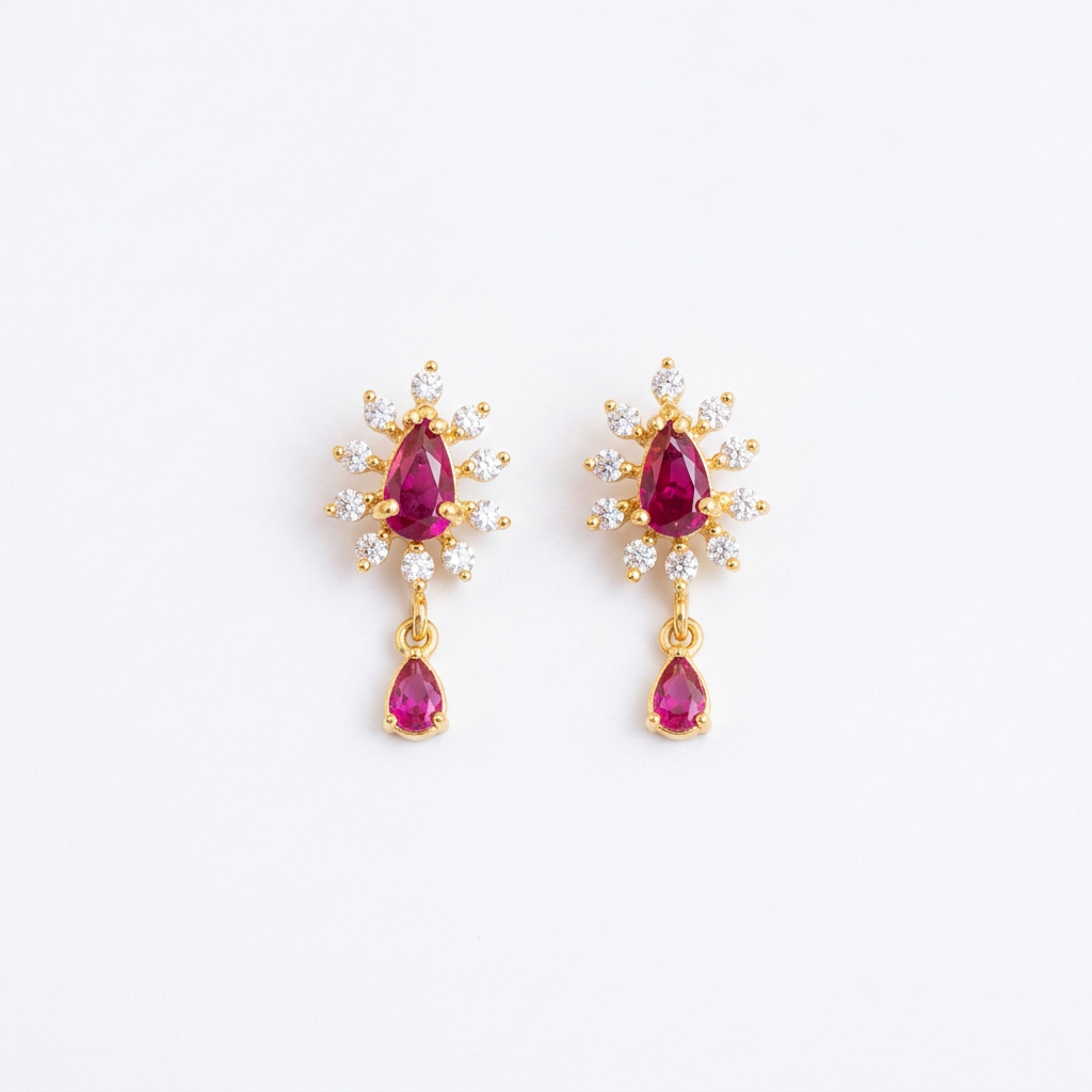 92.5 Silver Gold-Toned Pink Teardrop Earrings Pair