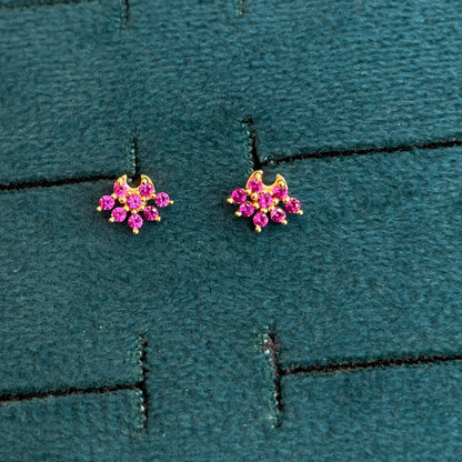 92.5 Silver Gold-Toned Pink CZ Cluster Second Studs Pair