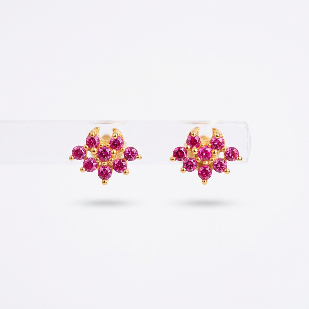 92.5 Silver Gold-Toned Pink CZ Cluster Second Studs Pair