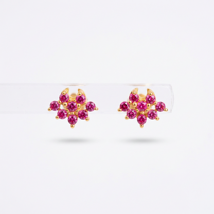 92.5 Silver Gold-Toned Pink CZ Cluster Second Studs Pair