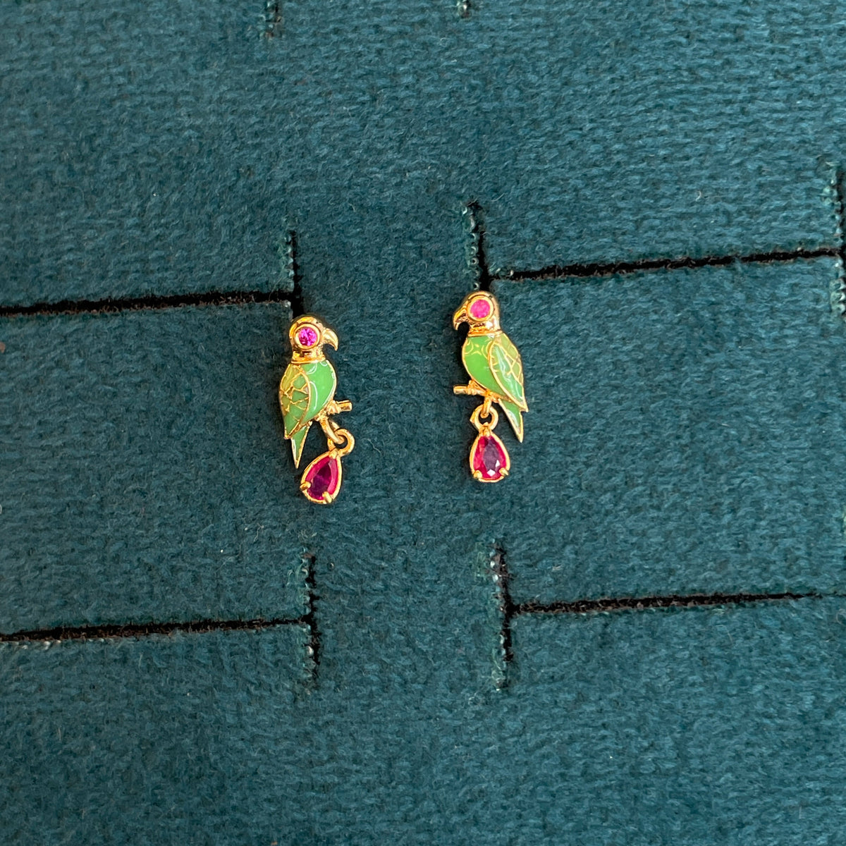 92.5 Silver Gold-Plated Green Parrot Dangler Earrings Pair