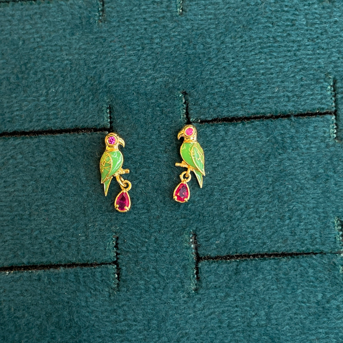 92.5 Silver Gold-Plated Green Parrot Dangler Earrings Pair