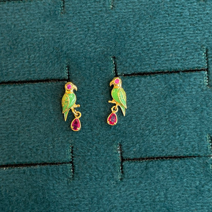 92.5 Silver Gold-Plated Green Parrot Dangler Earrings Pair