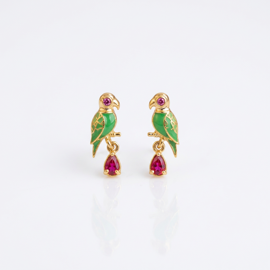 92.5 Silver Gold-Plated Green Parrot Dangler Earrings Pair