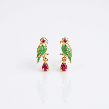 92.5 Silver Gold-Plated Green Parrot Dangler Earrings Pair