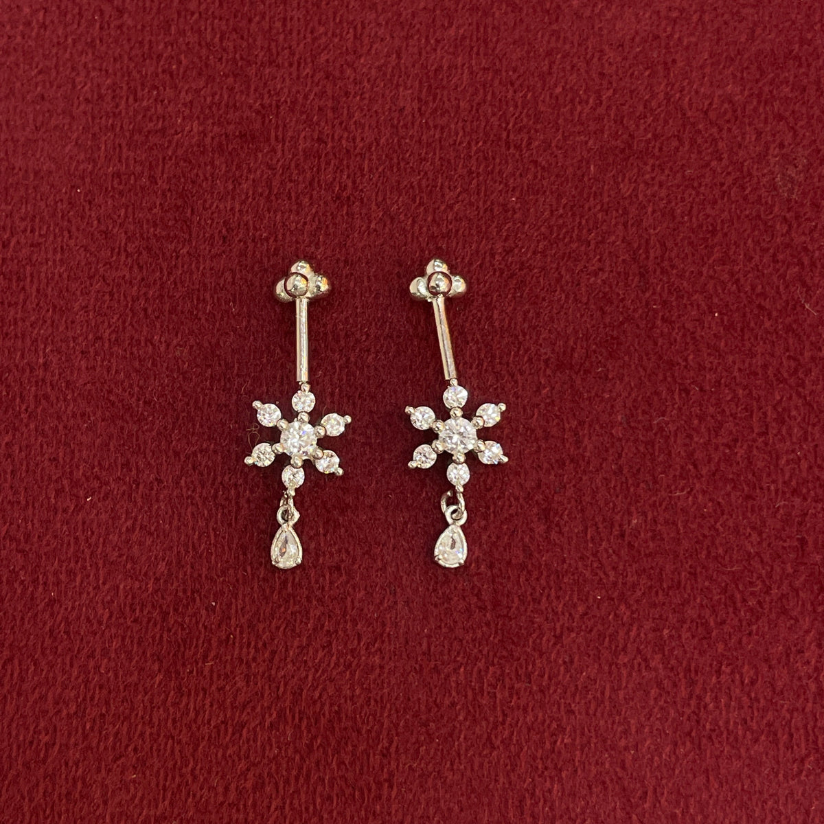 92.5 Silver White CZ Floral Drop Bugadi Pair