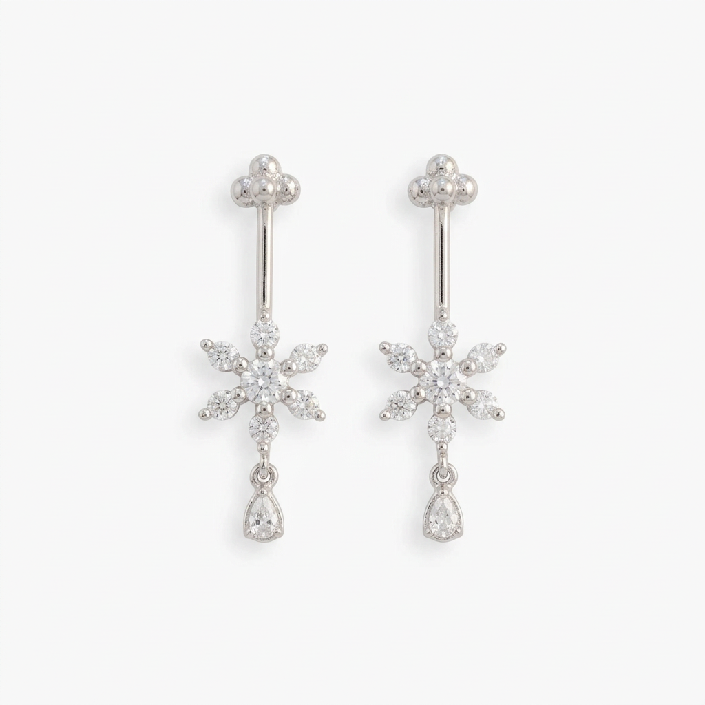 92.5 Silver White CZ Floral Drop Bugadi Pair