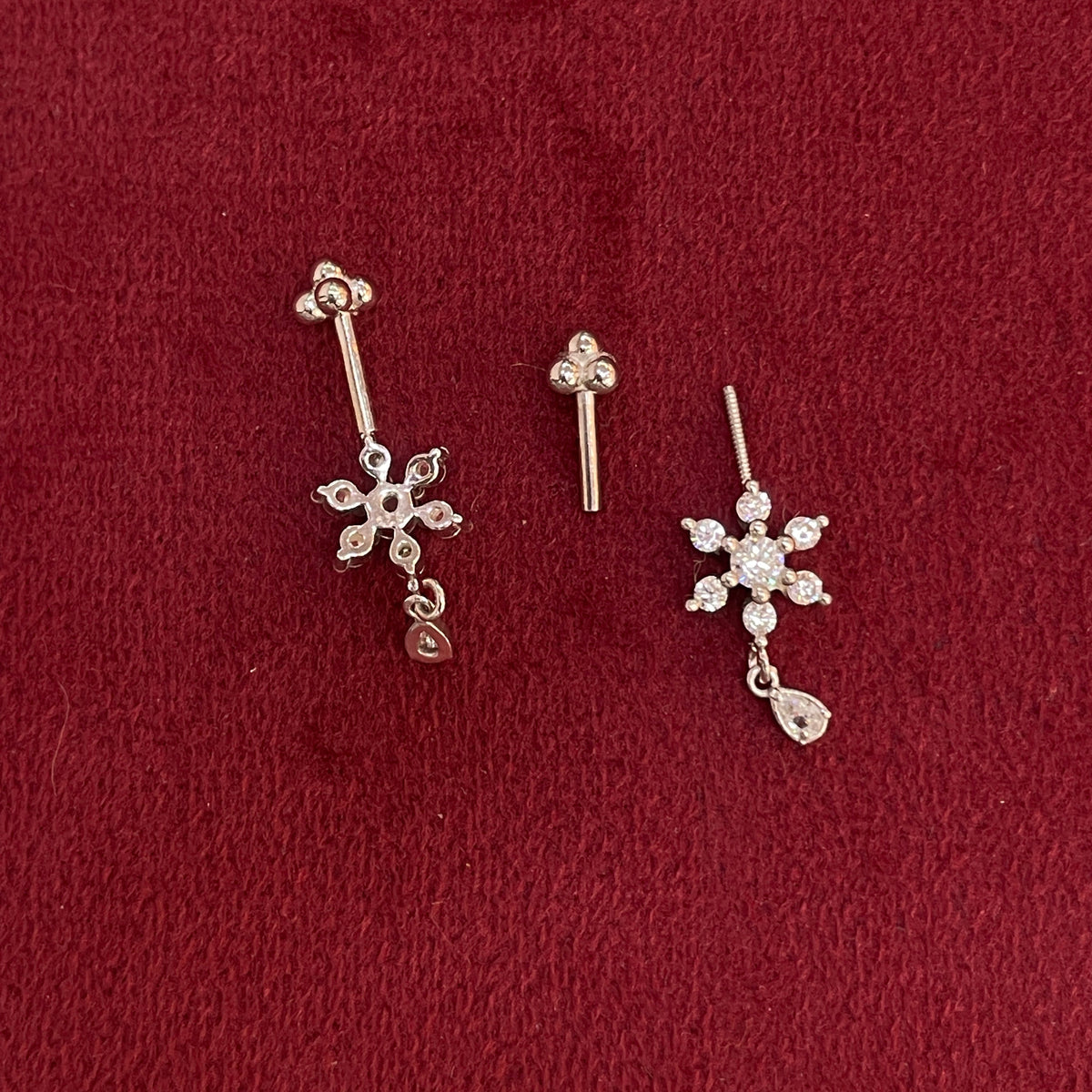 92.5 Silver White CZ Floral Drop Bugadi Pair