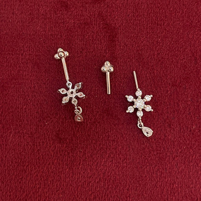92.5 Silver White CZ Floral Drop Bugadi Pair