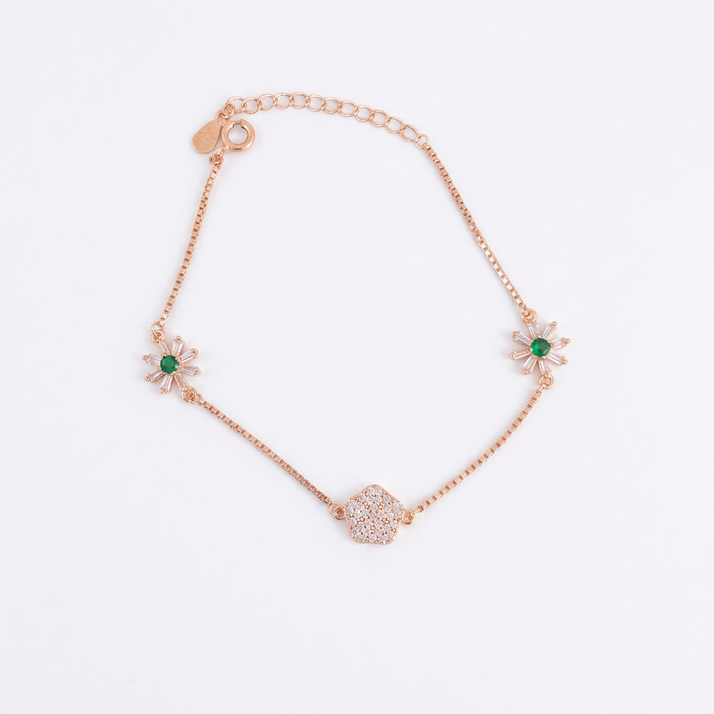 92.5 Silver Rose Gold-Toned CZ Flower Bracelet for Women