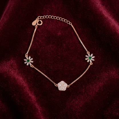 92.5 Silver Rose Gold-Toned CZ Flower Bracelet for Women