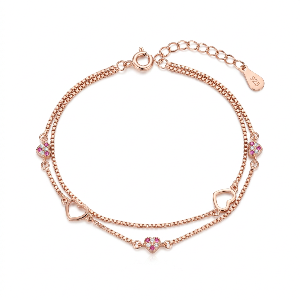 92.5 Silver Rose Gold-Toned Heart Bracelet for Women