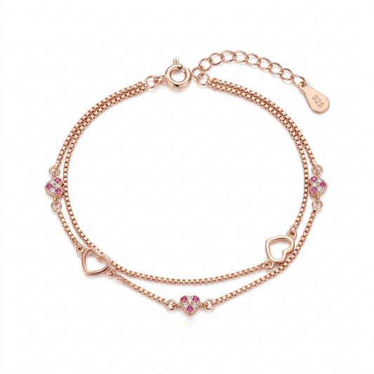 92.5 Silver Rose Gold-Toned Heart Bracelet for Women