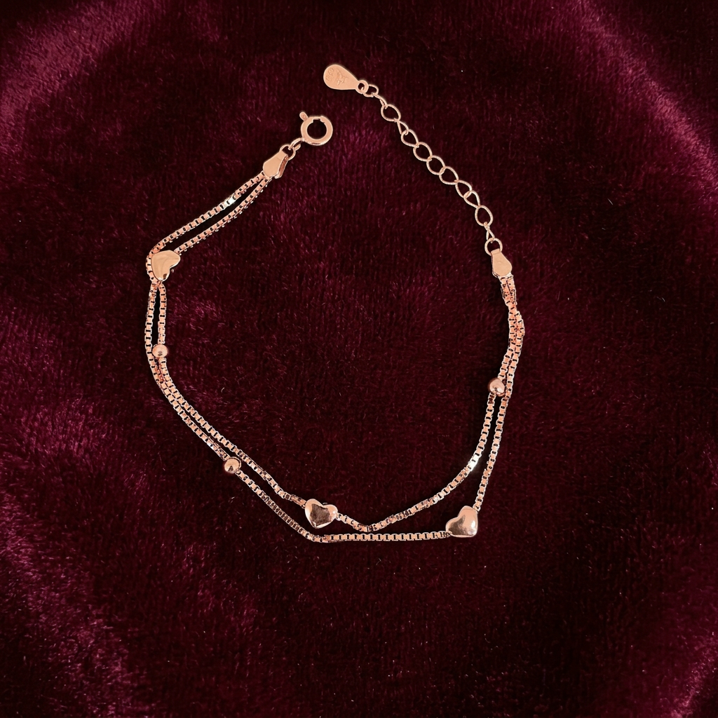 92.5 Silver Rose Gold-Toned Heart Bead Bracelet for Women