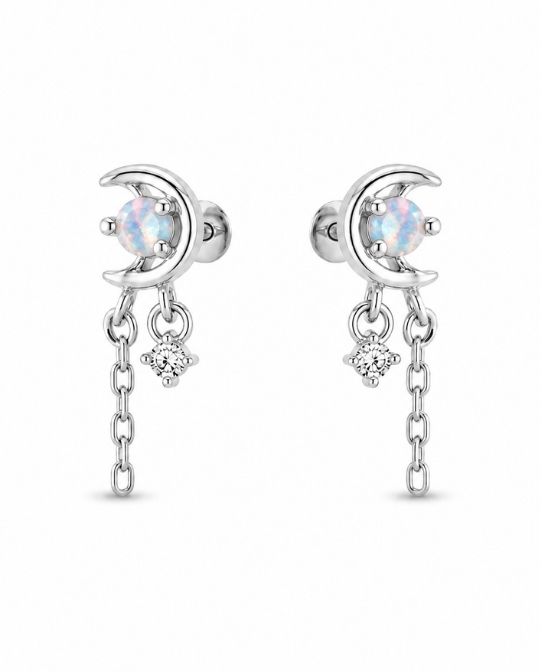 92.5 Sterling Silver Opal & Crescent Moon Stud with Double White CZ Chain Tassel Drop Earrings for Women