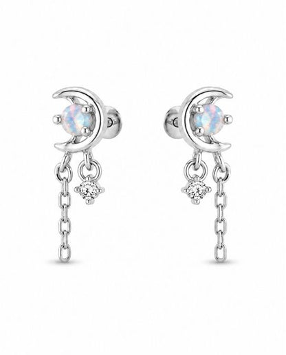 92.5 Sterling Silver Opal & Crescent Moon Stud with Double White CZ Chain Tassel Drop Earrings for Women