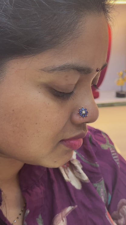 92.5 Silver Gold Plated Blue Flower Nose Pin for Women | Stylish Floral Design | Elegant Jewellery