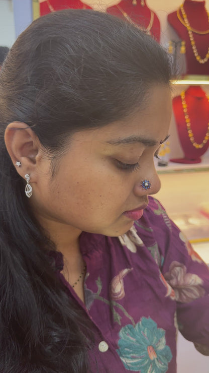 92.5 Silver Gold Plated Blue Flower Nose Pin for Women | Stylish Floral Design | Elegant Jewellery