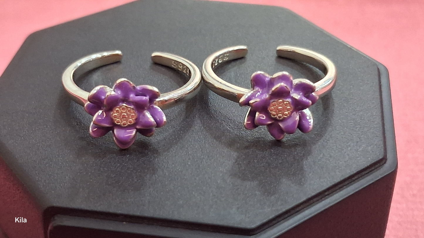 92.5 Silver Purple Flower Toe Rings | Elegant Floral Design | Jewellery