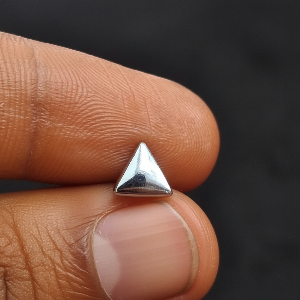 Silver pyramid-shaped ring on a finger with a red fabric background