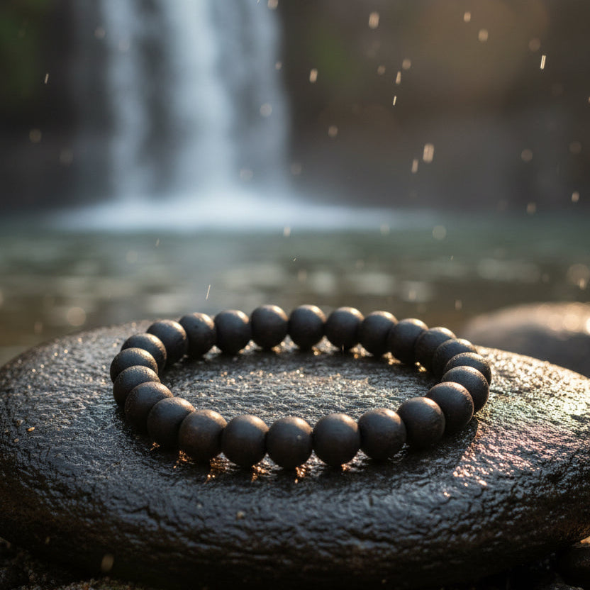 Black beaded bracelet on a red fabric background