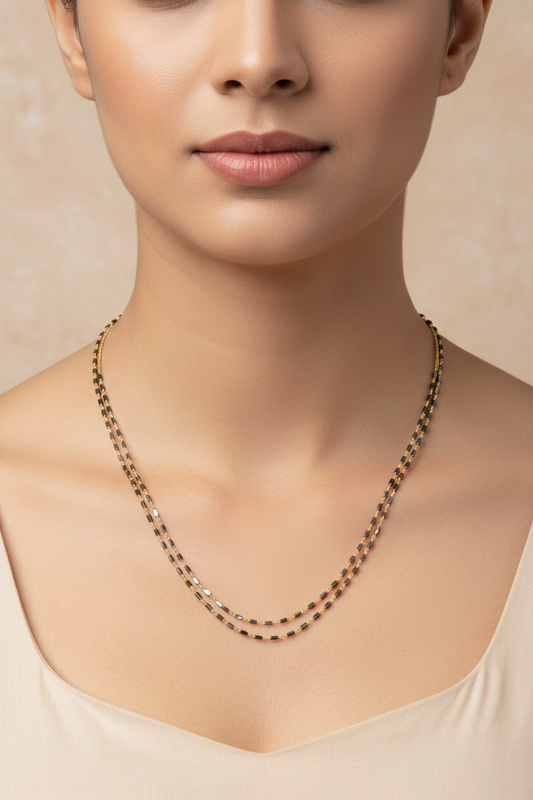 92.5 Silver Gold Plated Double Line Black Beads Chain 19 Inches | Premium Layered Design | Jewellery