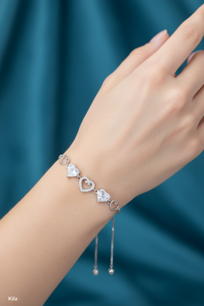 92.5 Silver Heart Bracelet | Stylish Romantic Design | Elegant Jewellery