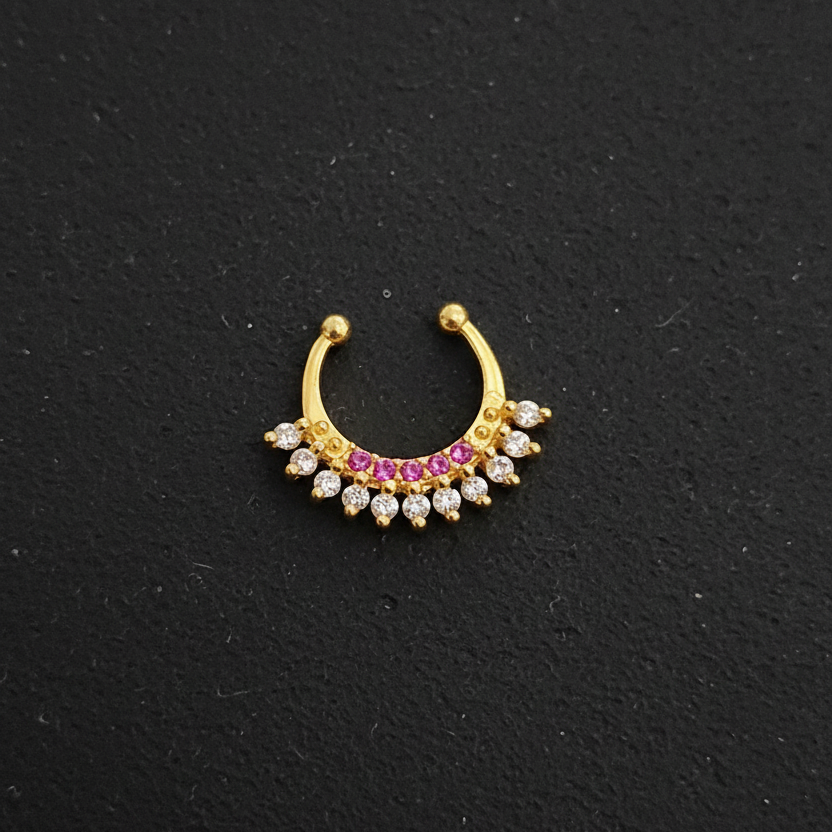 Gold nose ring with gemstones on a teal fabric background