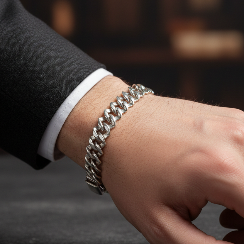 Close-up of a hand wearing a silver bracelet with a blurred background