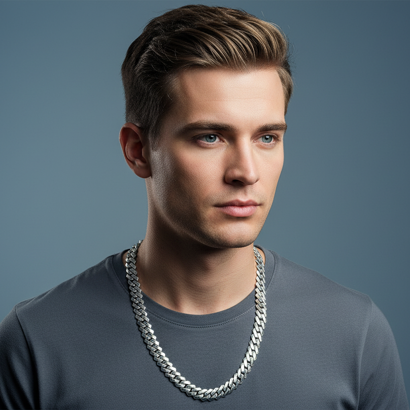 Man wearing a gray shirt and silver chain necklace against a blue background
