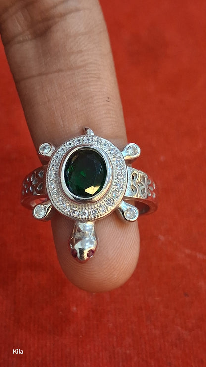 92.5 Silver Green Stone Tortoise Ring | Stylish Vibrant Design | Elegant Jewellery