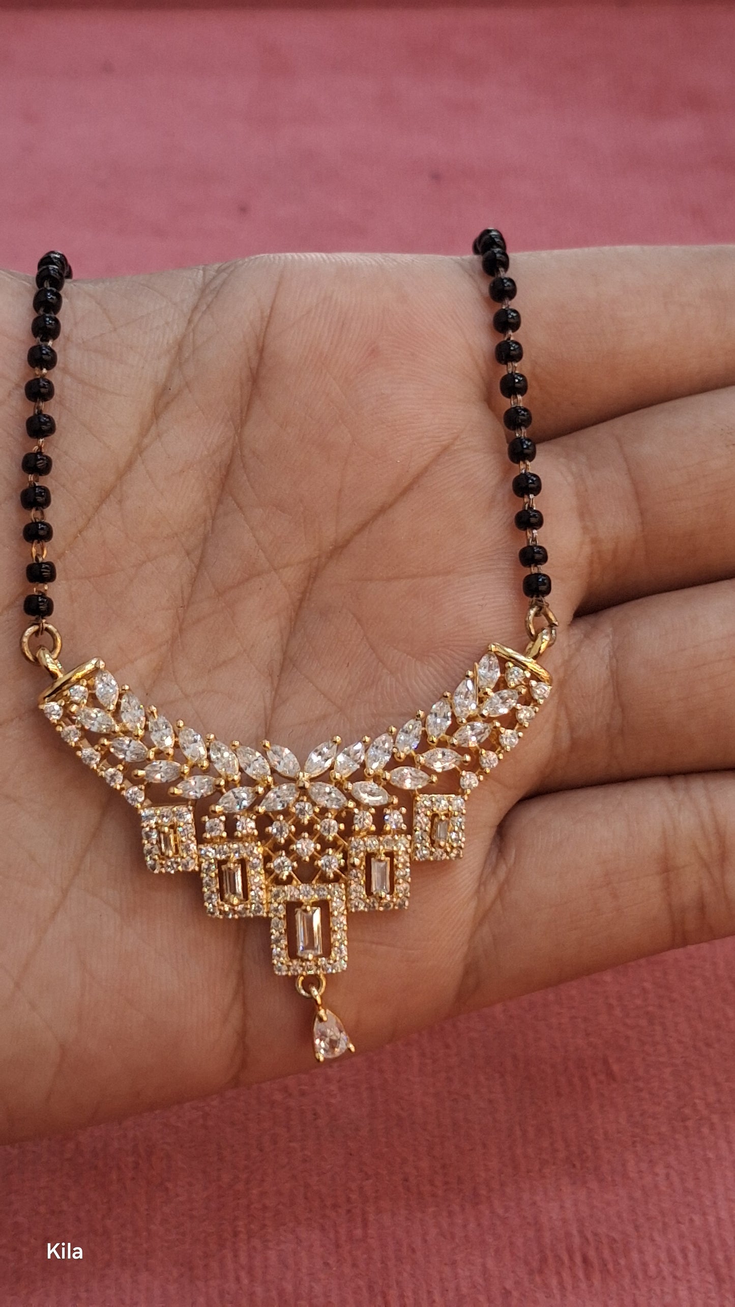 92.5 Silver Gold Plated Black Beads Chain 20 Inches | Stylish Medium Length Design | Jewellery
