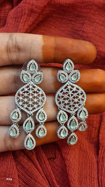 925 Silver White & Green Stone Earrings | Stylish Elegant Design | Premium Jewellery