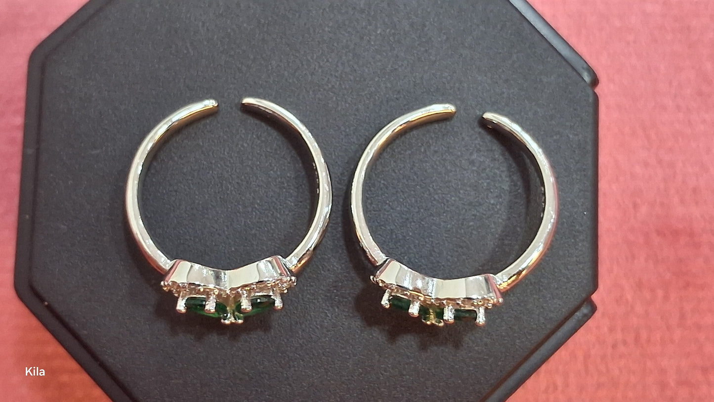 92.5 Silver Heart Shape Green Stone Toe Rings | Premium Dual Stone Design | Jewellery