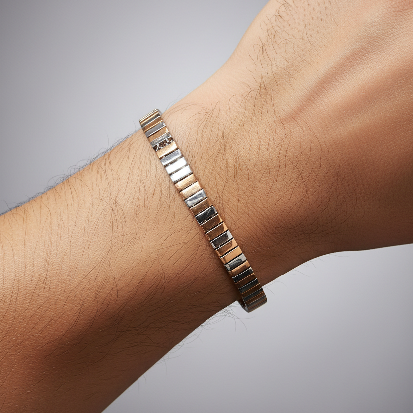 Silver bracelet on a wrist with a gray background