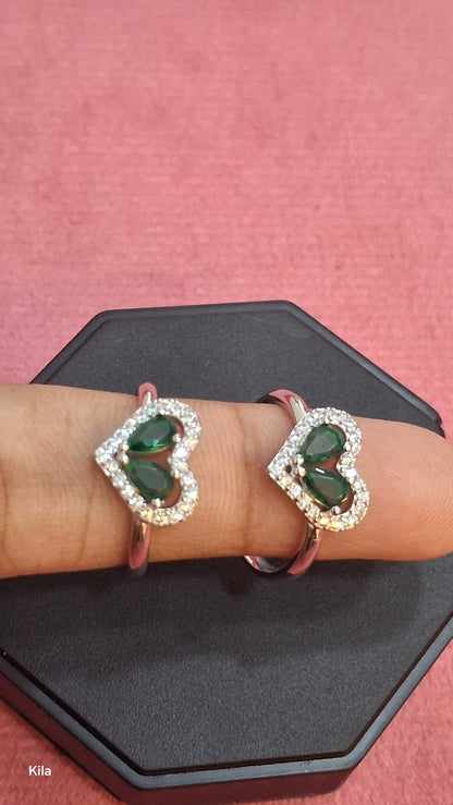 92.5 Silver Heart Shape Green Stone Toe Rings | Premium Dual Stone Design | Jewellery