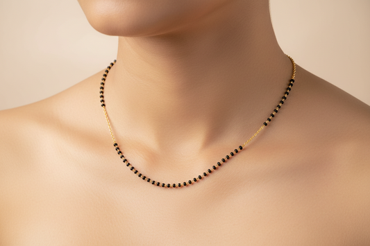 92.5 Silver Gold Plated Black Beads Chain 18 Inches | Refined Everyday Design | Jewellery