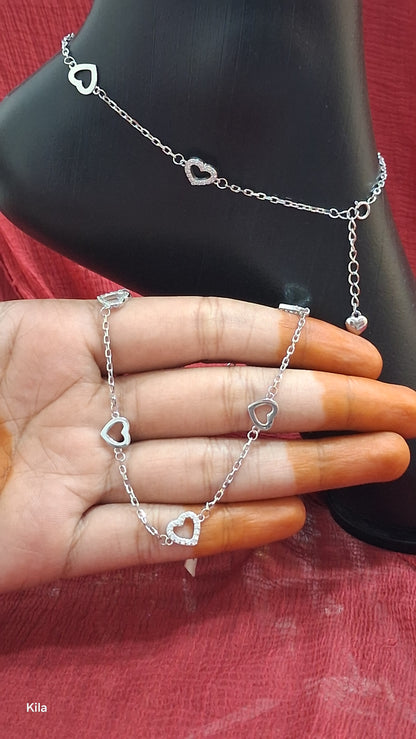 92.5 Silver Heart Anklets | Stylish Romantic Design | Elegant Jewellery