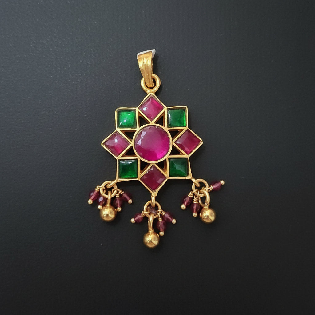 Decorative earring with gemstones on a maroon background