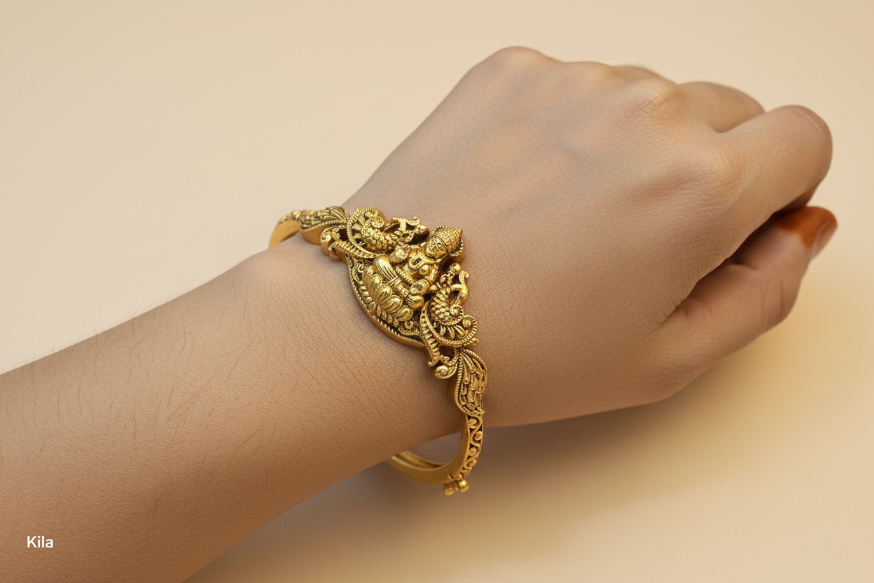 92.5 Silver Gold Plated Lakshmi Devi Kada | Stylish Traditional Design | Elegant Jewellery