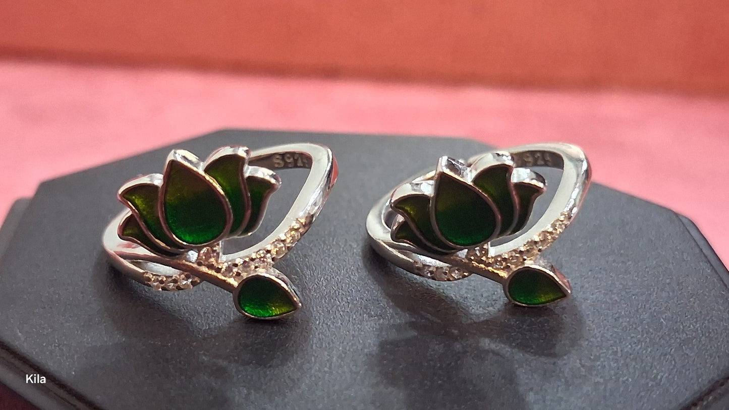 92.5 Silver Green Lotus Toe Rings | Elegant Floral Design | Jewellery