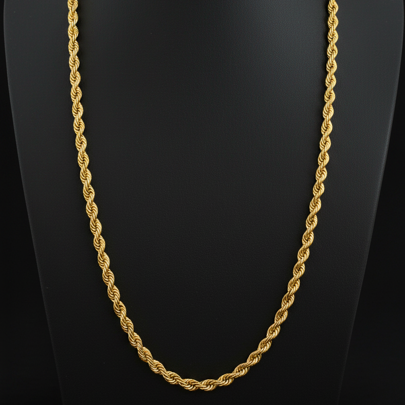 Gold rope chain on a red fabric background
