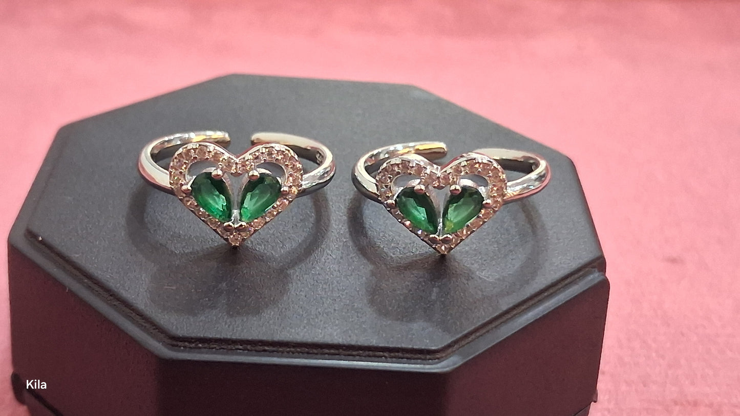 92.5 Silver Heart Shape Green Stone Toe Rings | Premium Dual Stone Design | Jewellery